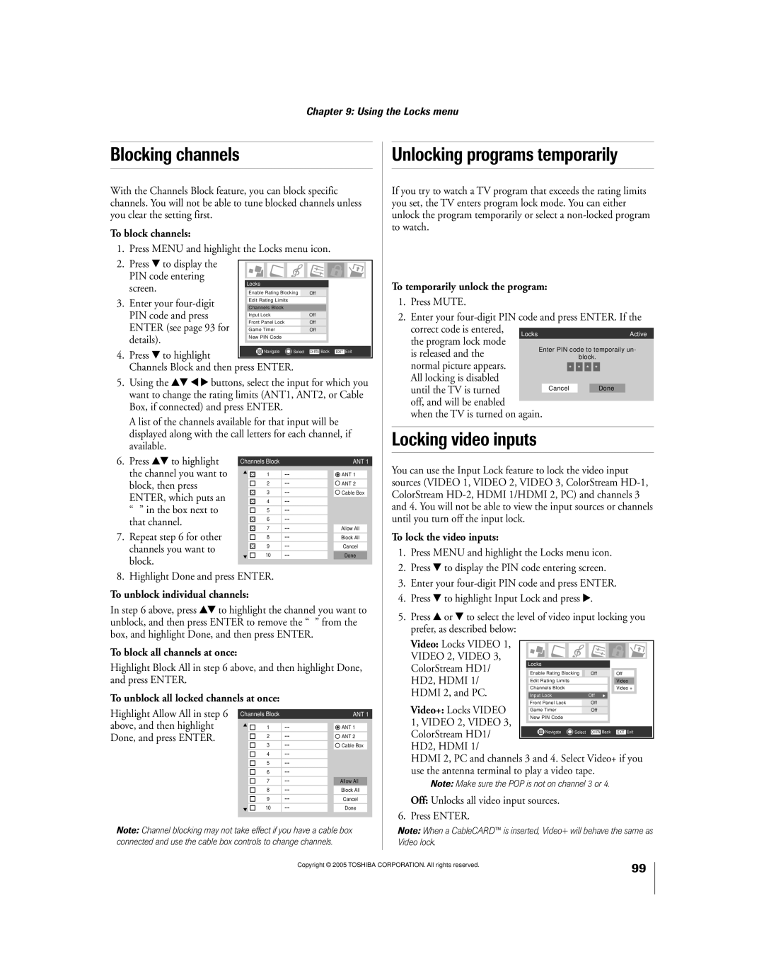 Toshiba 56MX195 owner manual Blocking channels, Unlocking programs temporarily, Locking video inputs 