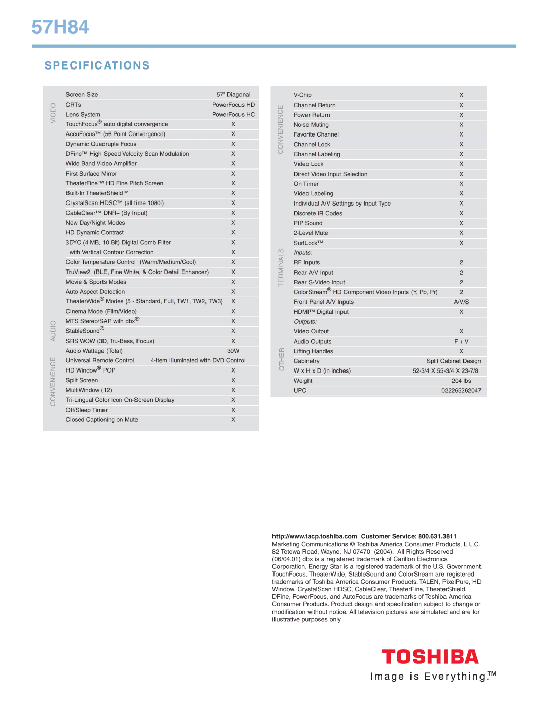 Toshiba 57H84 manual Specifications, Inputs, Outputs 