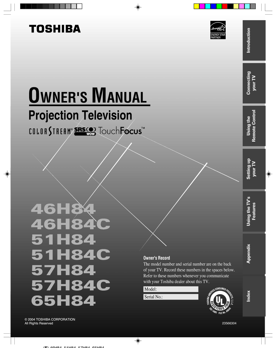 Toshiba owner manual 46H84 46H84C 51H84 51H84C 57H84 57H84C 65H84 