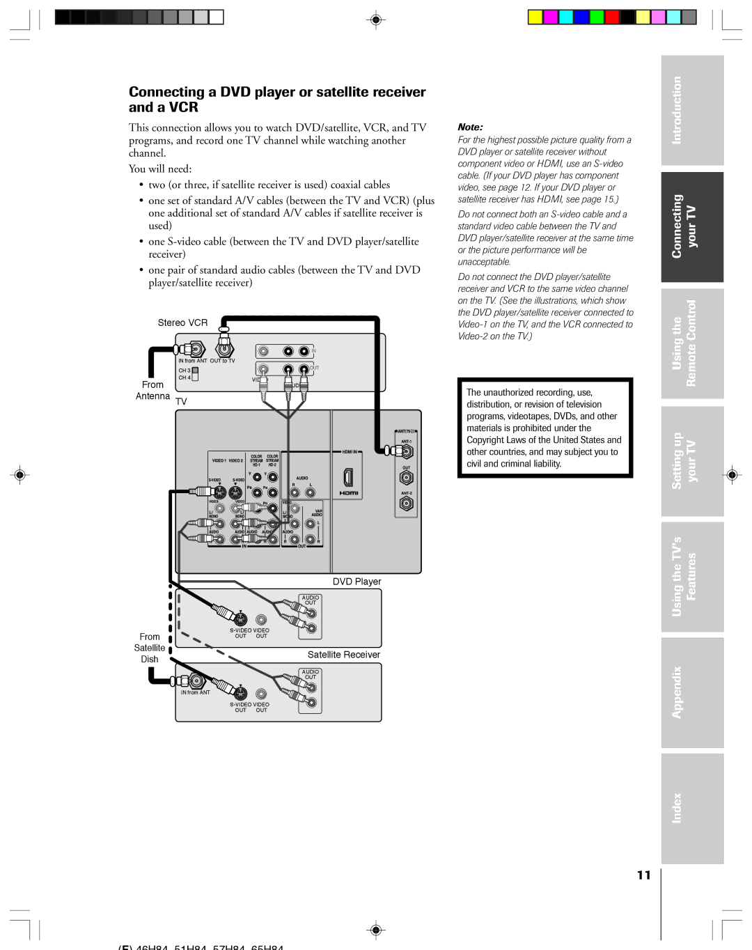 Toshiba 51H84C, 57H84C, 46H84C Connecting a DVD player or satellite receiver and a VCR, Satellite Satellite Receiver Dish 