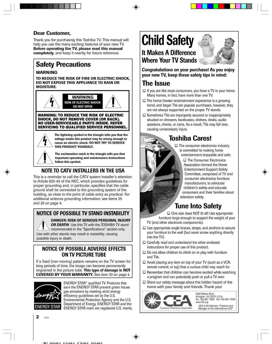 Toshiba 46H84C, 57H84C, 51H84C, 65H84 owner manual Safety Precautions, Dear Customer 