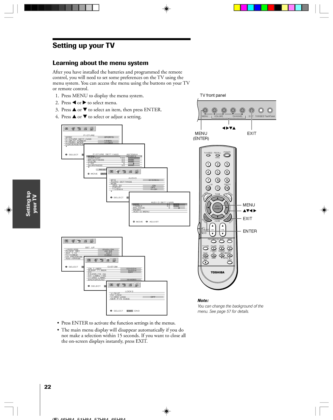 Toshiba 46H84C, 57H84C, 51H84C Learning about the menu system, Press Enter to activate the function settings in the menus 