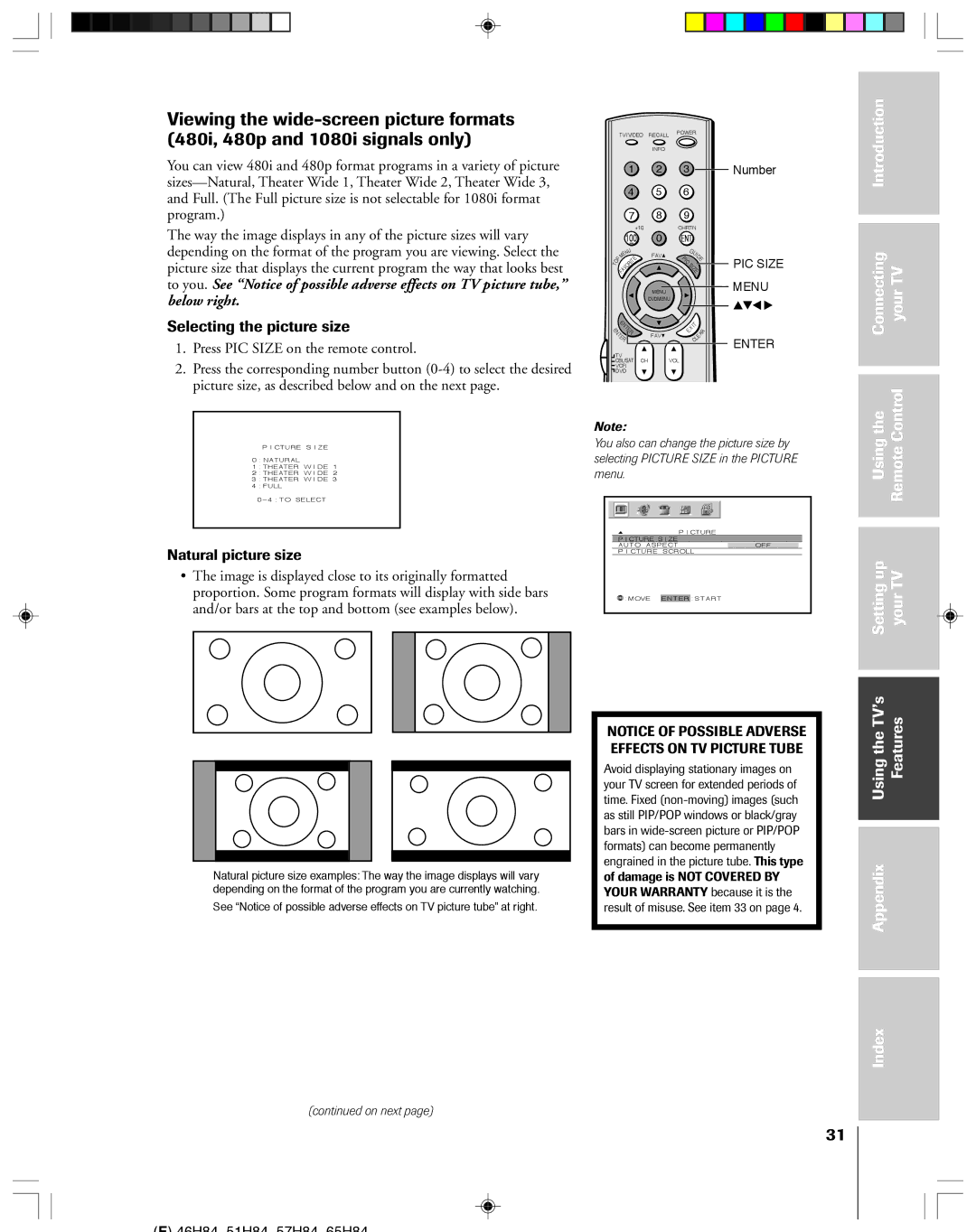 Toshiba 51H84C, 57H84C, 46H84C, 65H84 owner manual Selecting the picture size, Press PIC Size on the remote control 