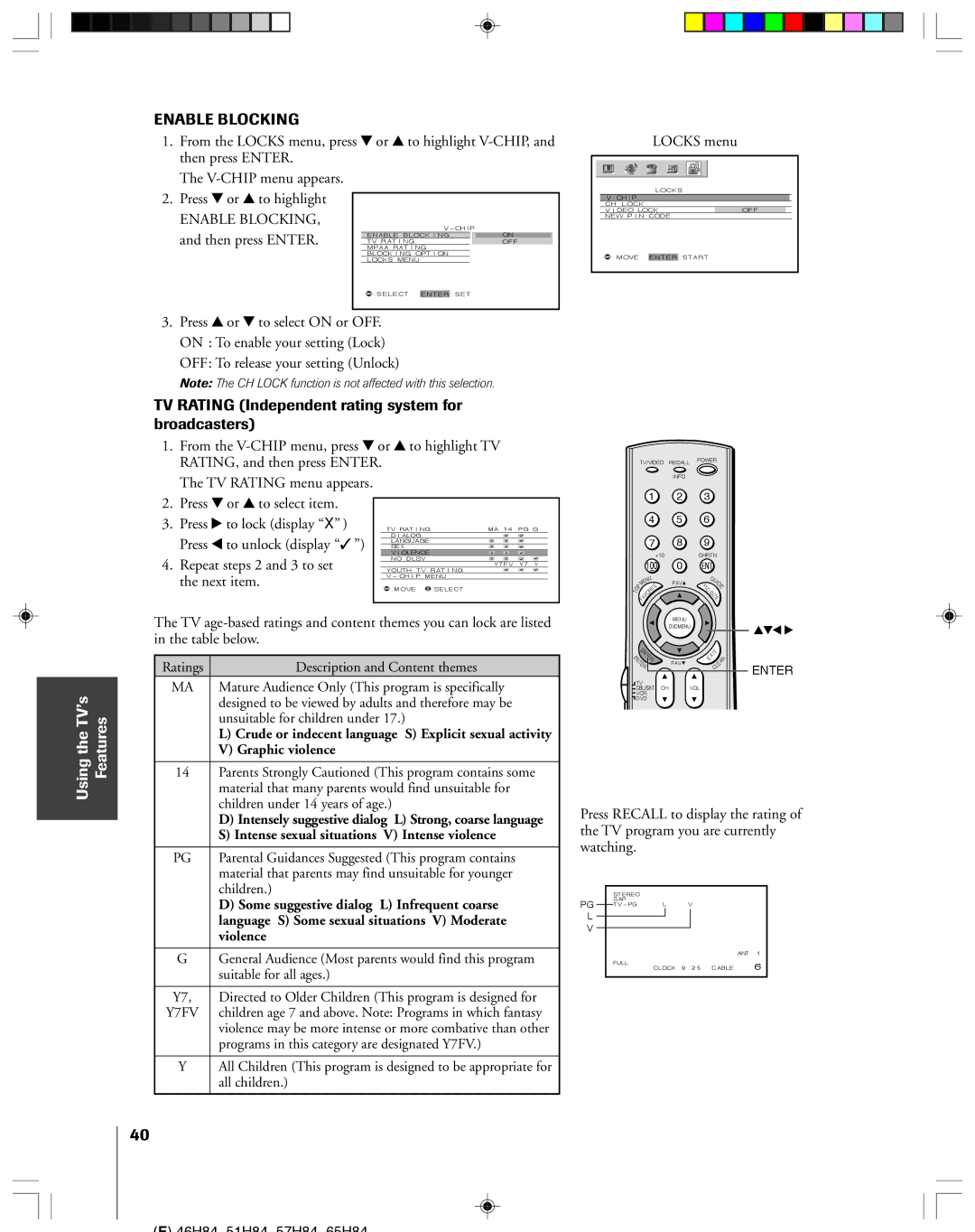 Toshiba 57H84C, 51H84C, 46H84C, 65H84 owner manual TV Rating Independent rating system for broadcasters, Enable Blocking 