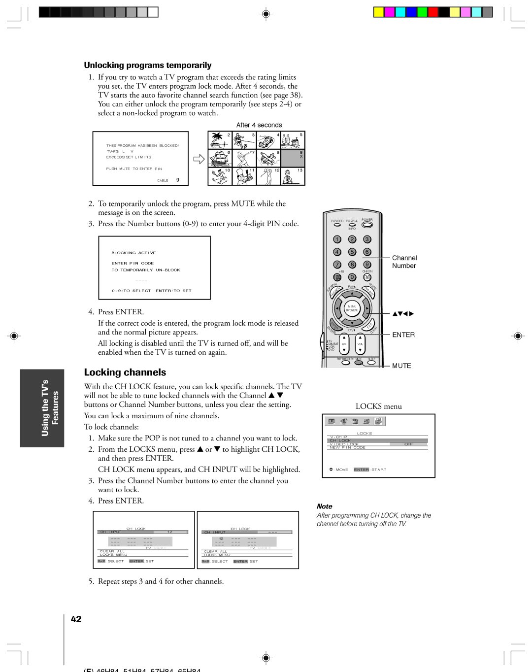 Toshiba 46H84C, 57H84C, 51H84C, 65H84 owner manual Locking channels, Unlocking programs temporarily 