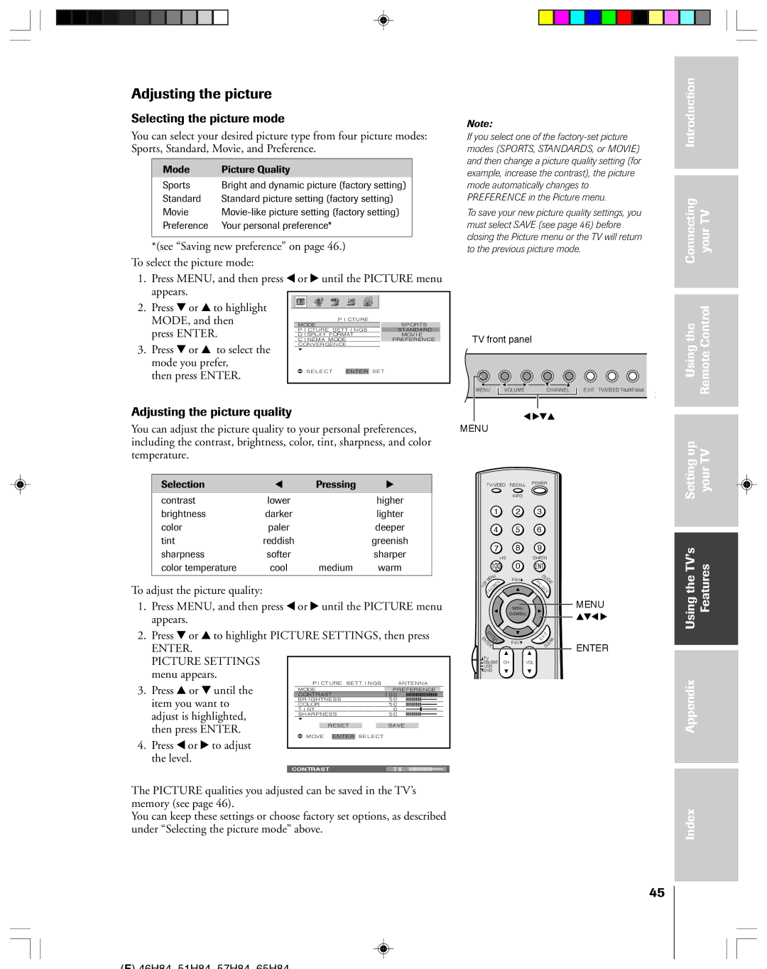 Toshiba 57H84C, 51H84C, 46H84C, 65H84 Selecting the picture mode, Adjusting the picture quality, Picture Settings 