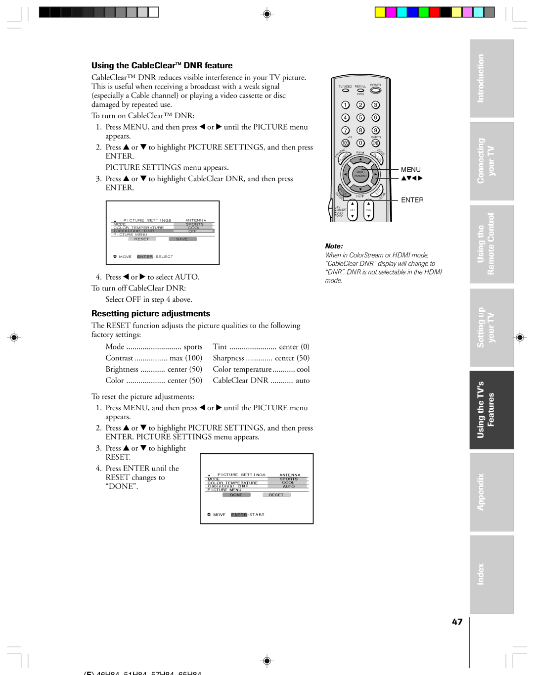 Toshiba 46H84C, 57H84C, 51H84C, 65H84 owner manual Using the CableClear DNR feature, Resetting picture adjustments, Done 