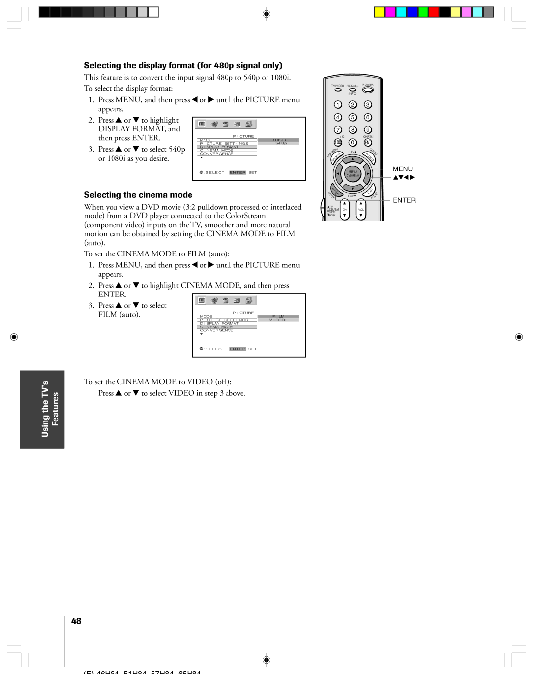 Toshiba 57H84C, 51H84C, 46H84C, 65H84 Selecting the display format for 480p signal only, Selecting the cinema mode 