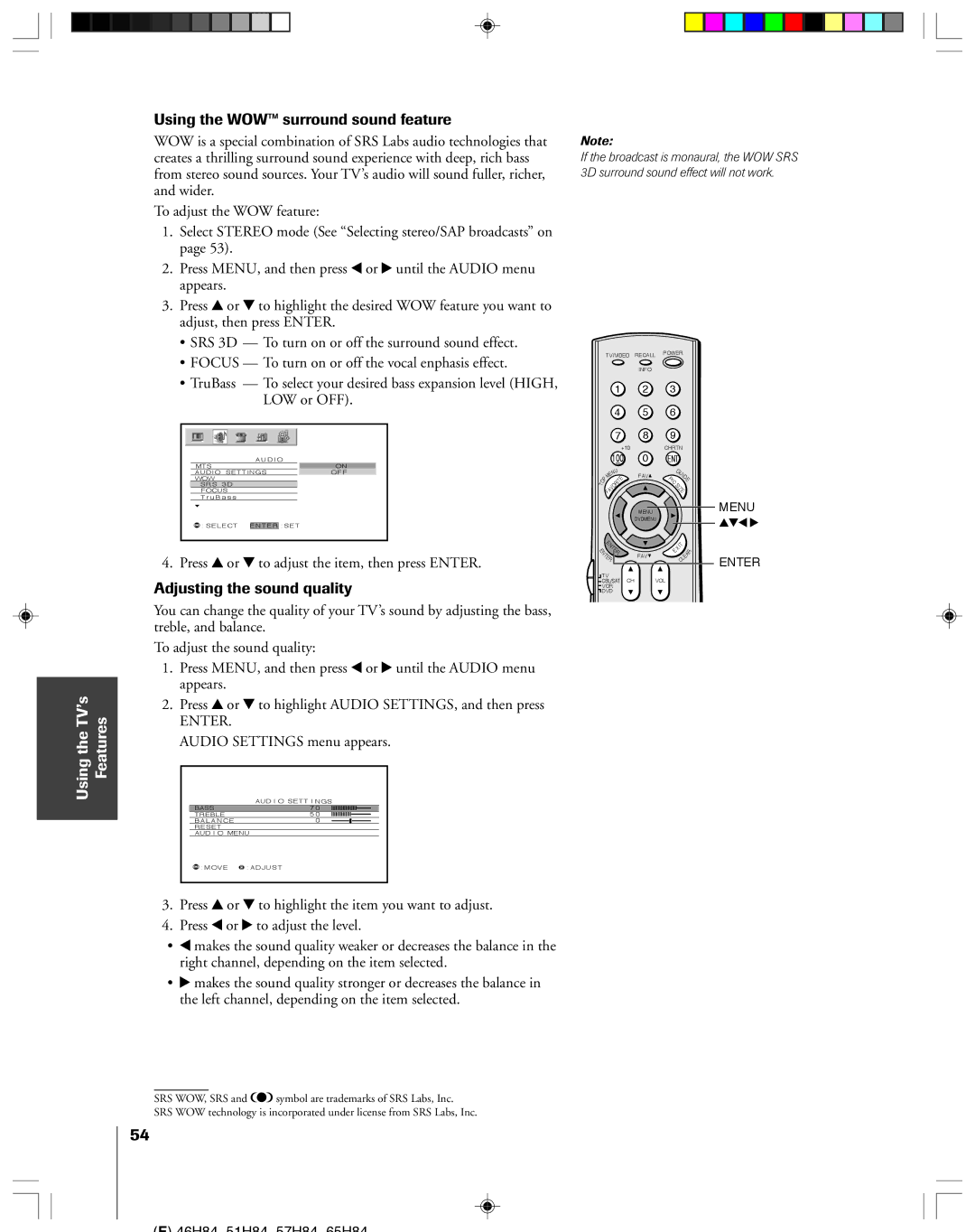 Toshiba 65H84, 57H84C, 51H84 Using the WOW surround sound feature, Adjusting the sound quality, Audio Settings menu appears 