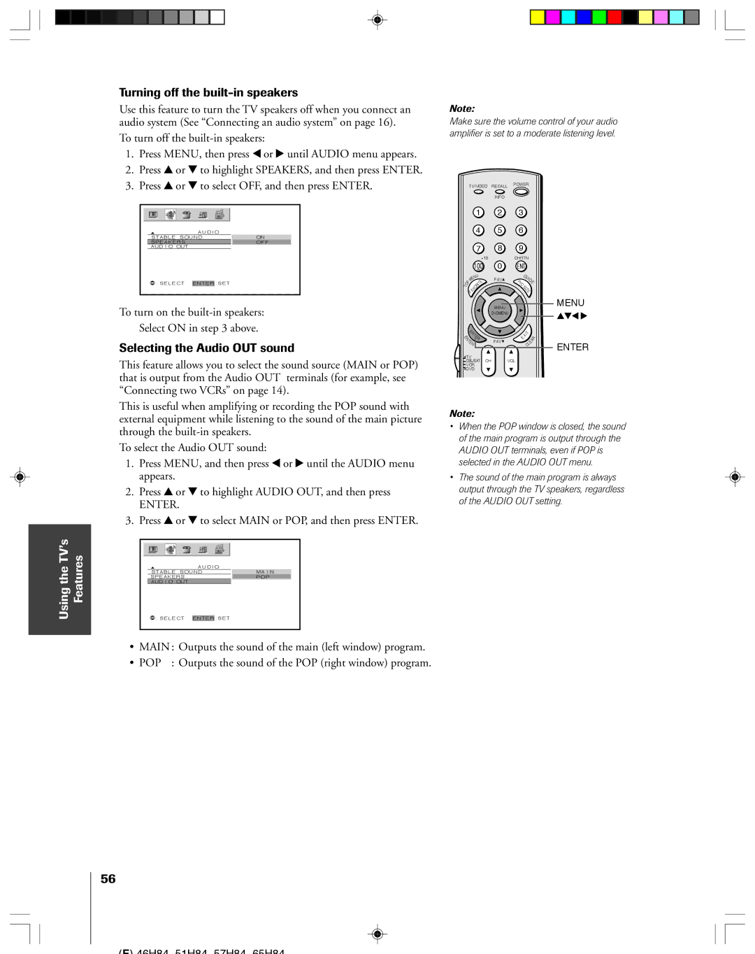 Toshiba 51H84C, 57H84C, 46H84C, 65H84 owner manual Turning off the built-in speakers, Selecting the Audio OUT sound 