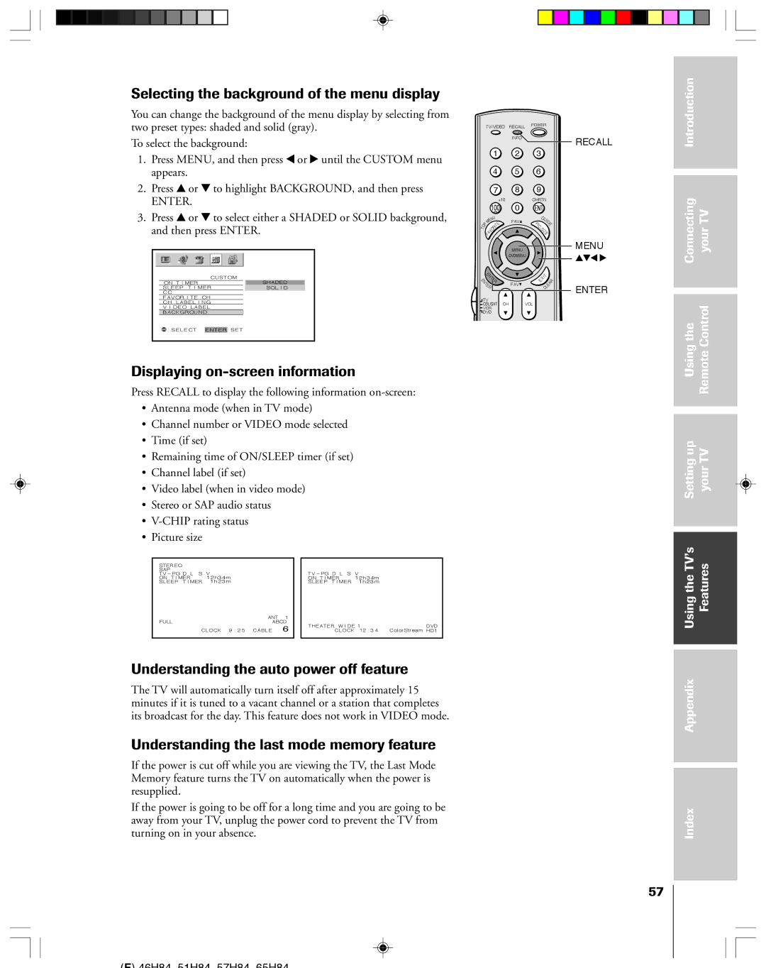 Toshiba 46H84C, 57H84C, 51H84C, 65H84 Selecting the background of the menu display, Displaying on-screen information 