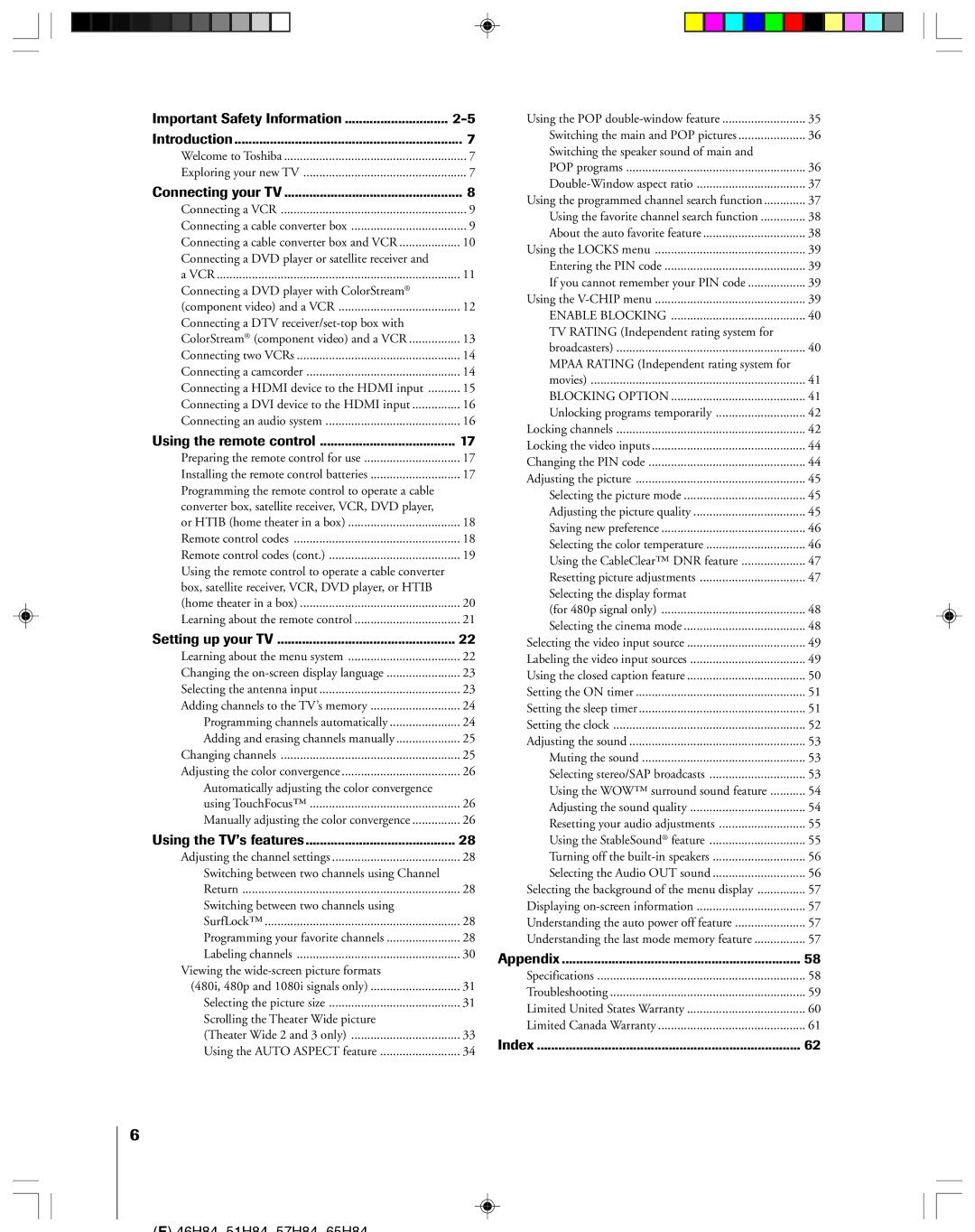 Toshiba 51H84C, 57H84C, 46H84C, 65H84 owner manual Important Safety Information Introduction 