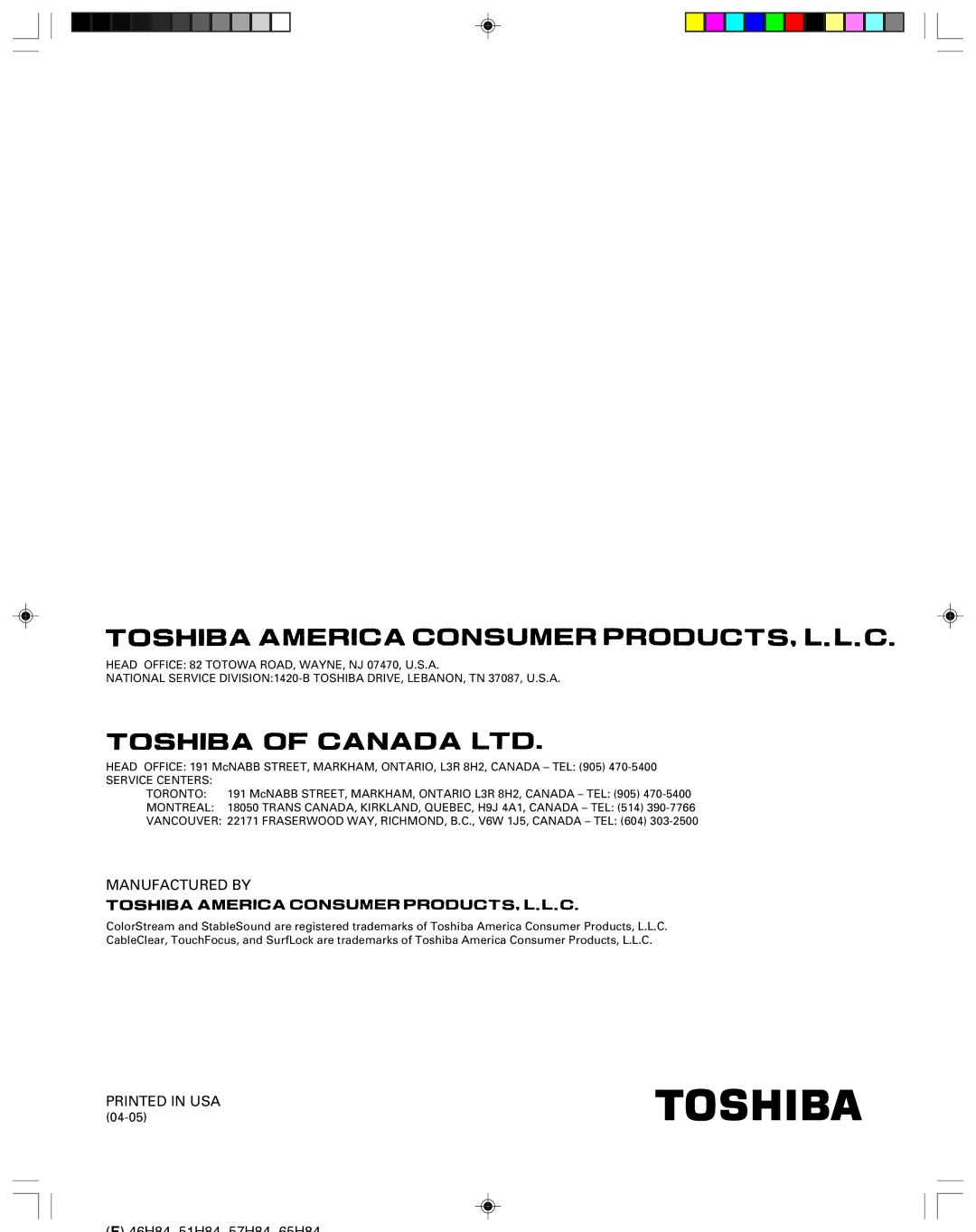 Toshiba 65H84, 57H84C, 51H84C, 46H84C owner manual Manufactured by 