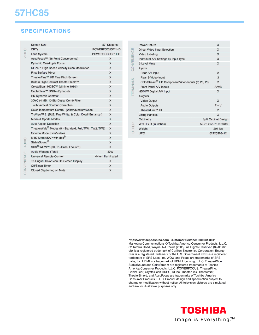 Toshiba 57HC85 manual Specifications, Video, Inputs, Outputs 