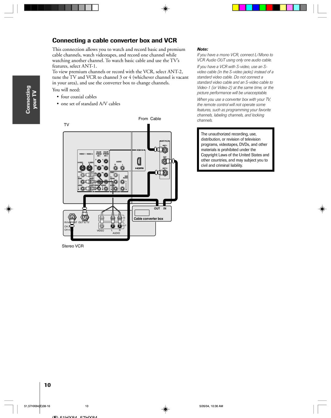 Toshiba 57HX84, 51HX84 owner manual Connecting a cable converter box and VCR 