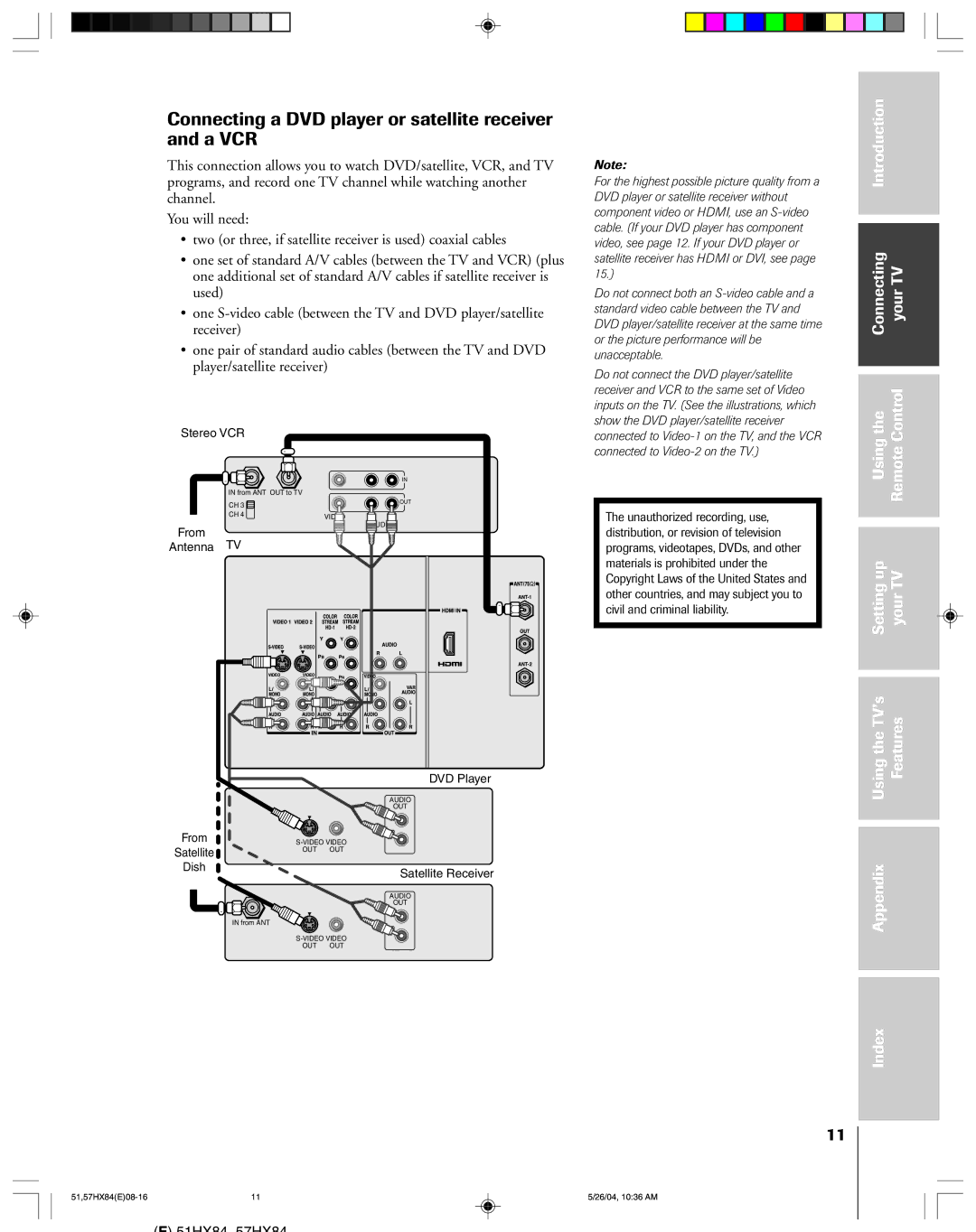 Toshiba 51HX84, 57HX84 owner manual Connecting a DVD player or satellite receiver and a VCR 