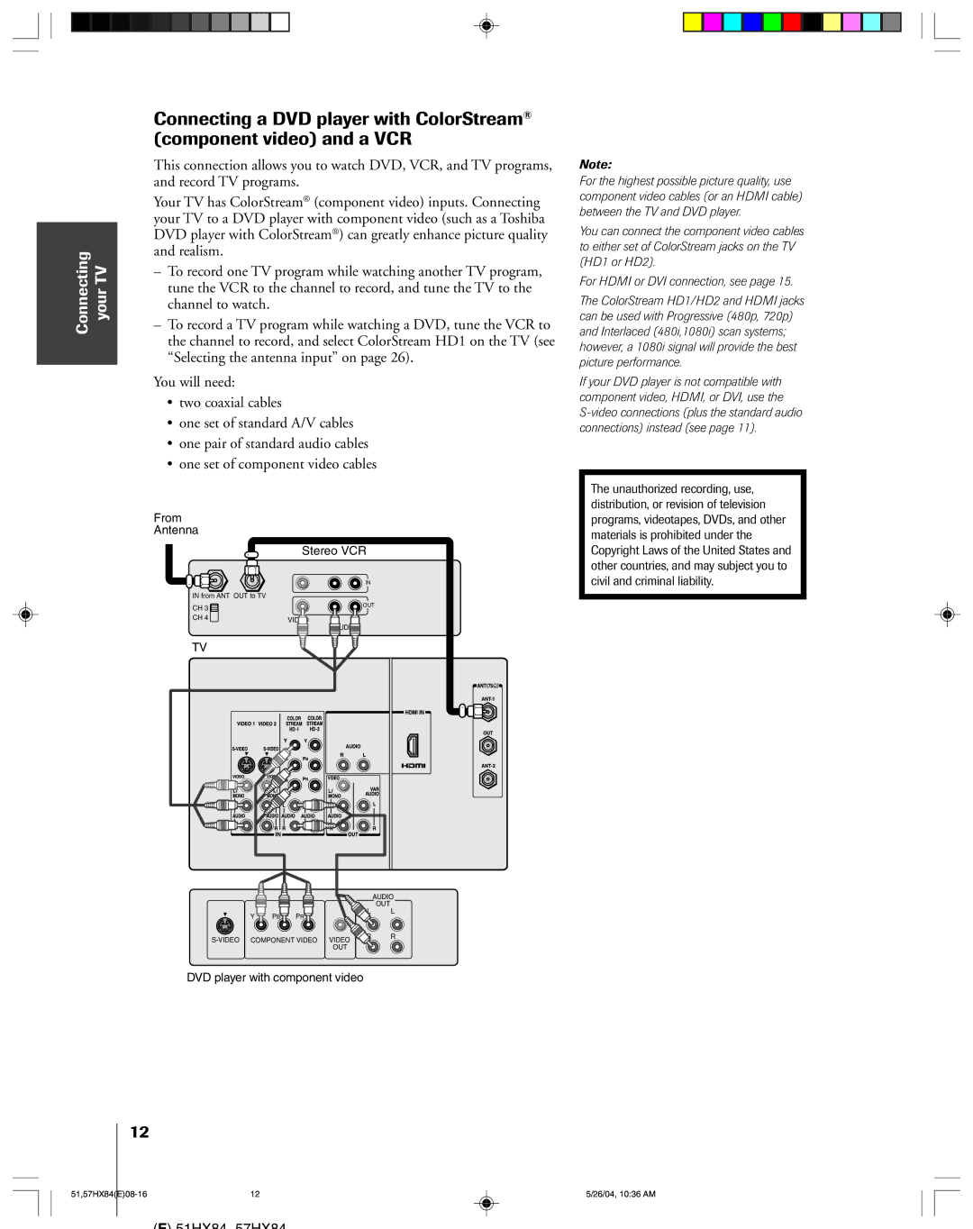 Toshiba 57HX84, 51HX84 owner manual From Antenna Stereo VCR 