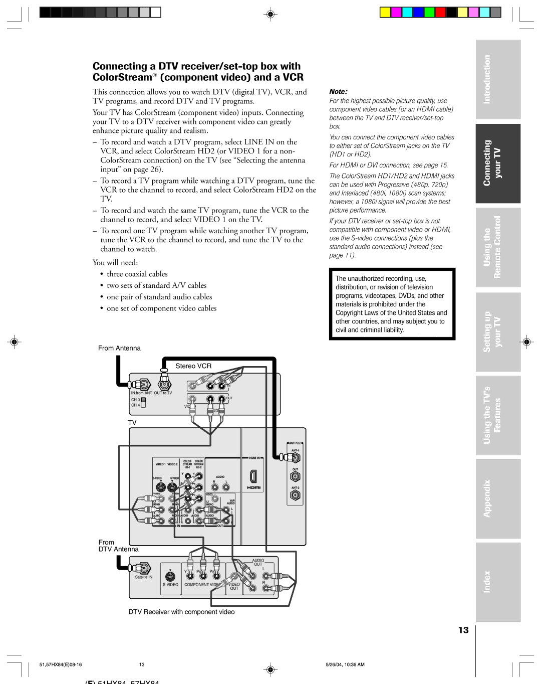 Toshiba 51HX84, 57HX84 owner manual From DTV Antenna 