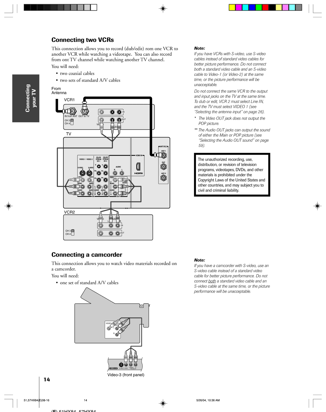 Toshiba 57HX84, 51HX84 owner manual Connecting two VCRs, Connecting a camcorder 