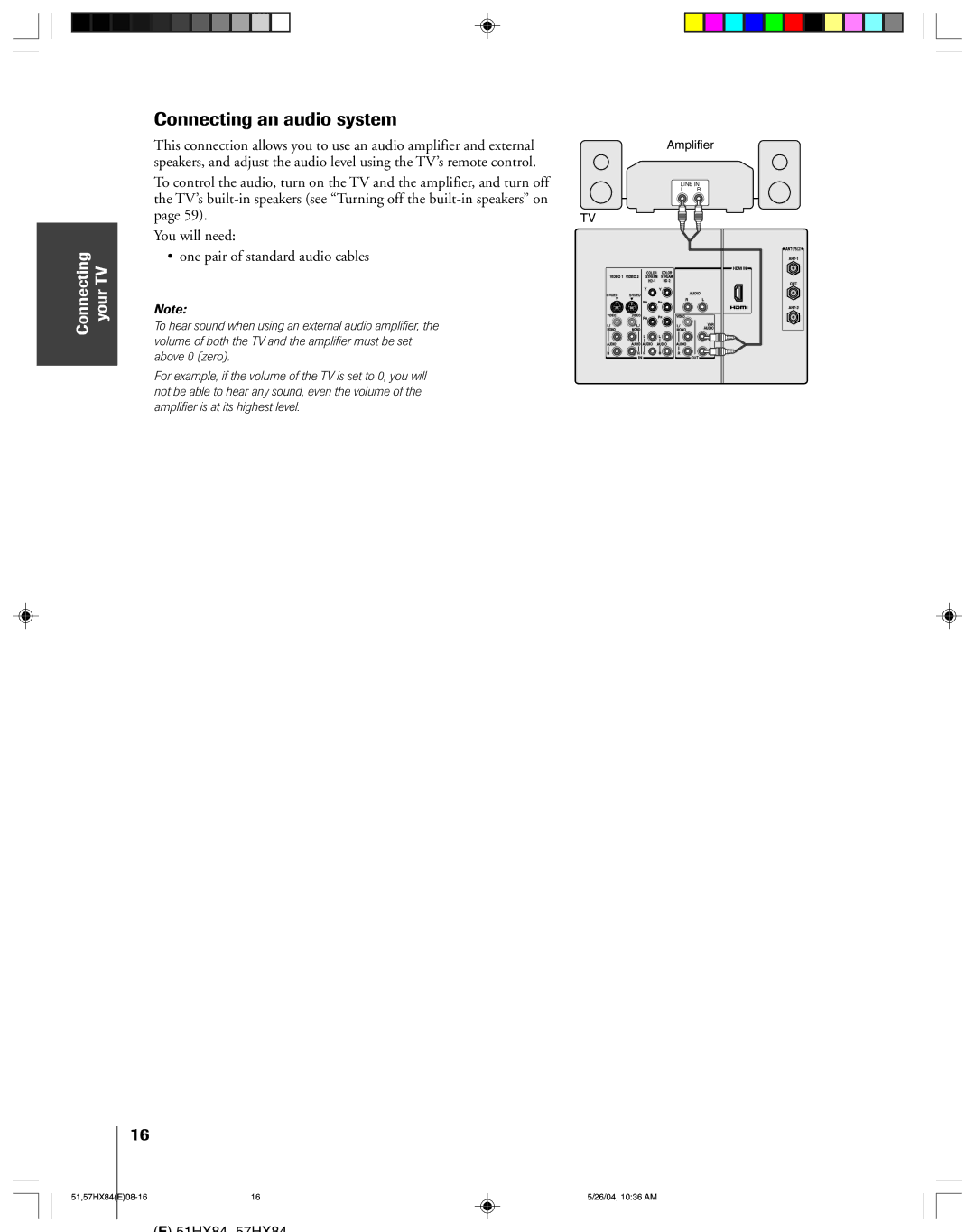 Toshiba 57HX84, 51HX84 owner manual Connecting an audio system, You will need ¥ one pair of standard audio cables 