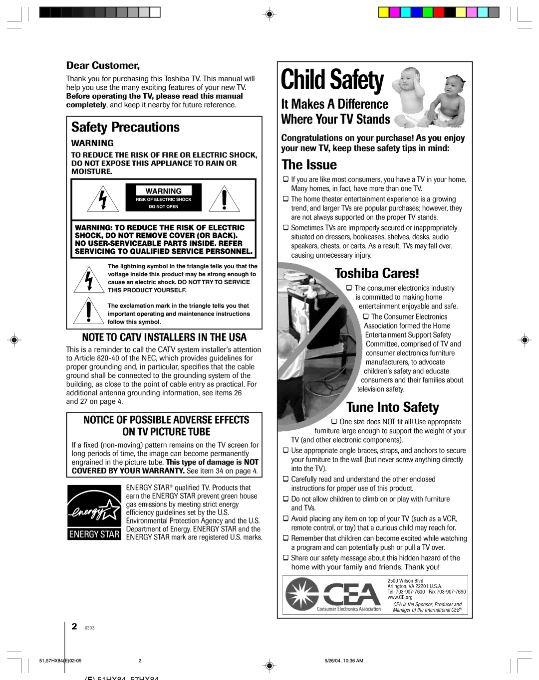 Toshiba 57HX84, 51HX84 owner manual Safety Precautions, Dear Customer 