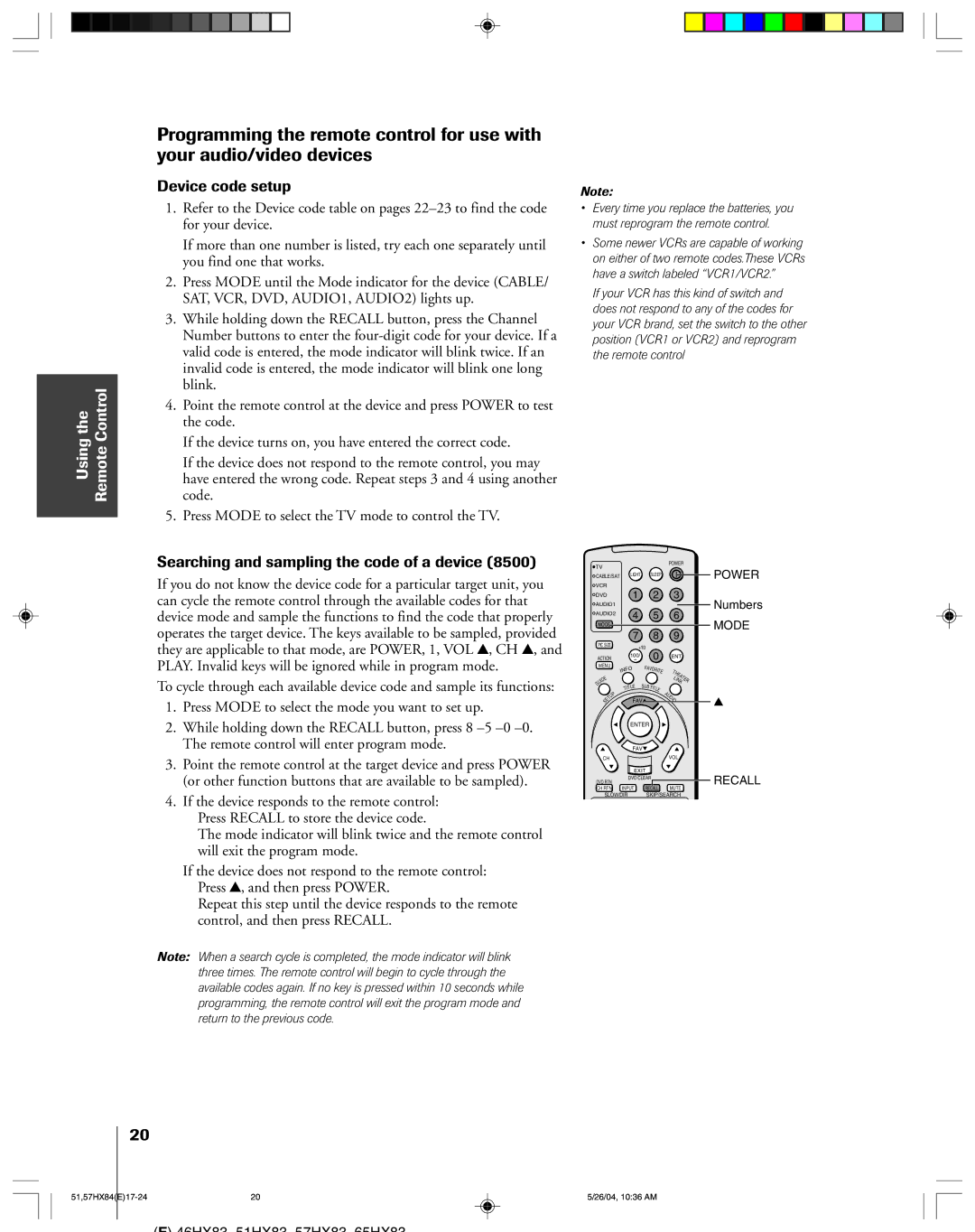 Toshiba 57HX84, 51HX84 owner manual Device code setup, Searching and sampling the code of a device, Numbers 