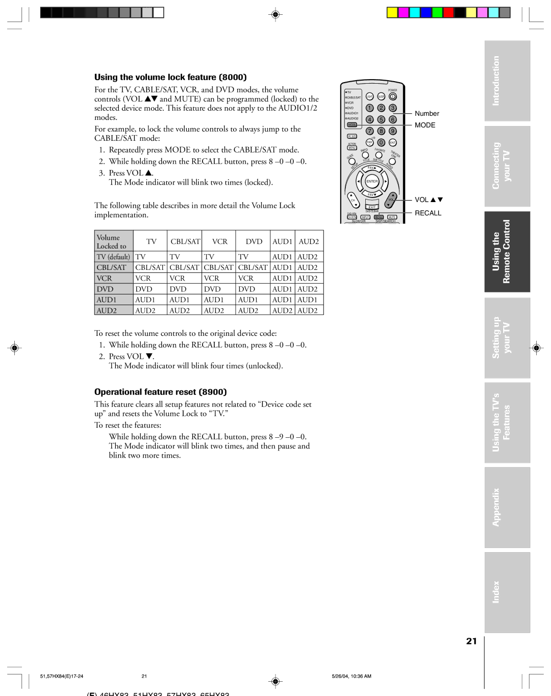 Toshiba 51HX84, 57HX84 Using the volume lock feature, Operational feature reset, Connecting YourTV, Appendix Index 