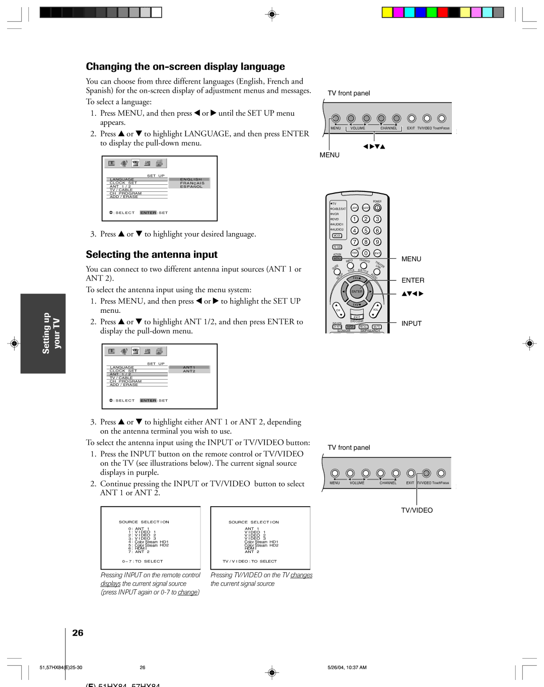 Toshiba 57HX84 Changing the on-screen display language, Selecting the antenna input, Menu, Display the pull-down menu 