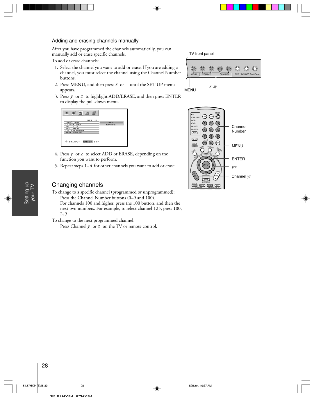 Toshiba 57HX84, 51HX84 owner manual Changing channels, Adding and erasing channels manually, Up TV 