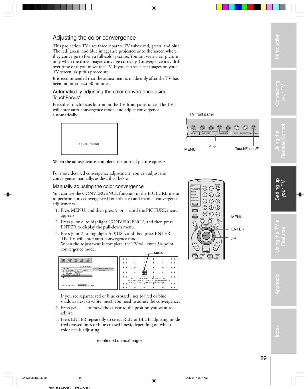 Toshiba 51HX84 Adjusting the color convergence, Introduction Connecting your TV, Manually adjusting the color convergence 