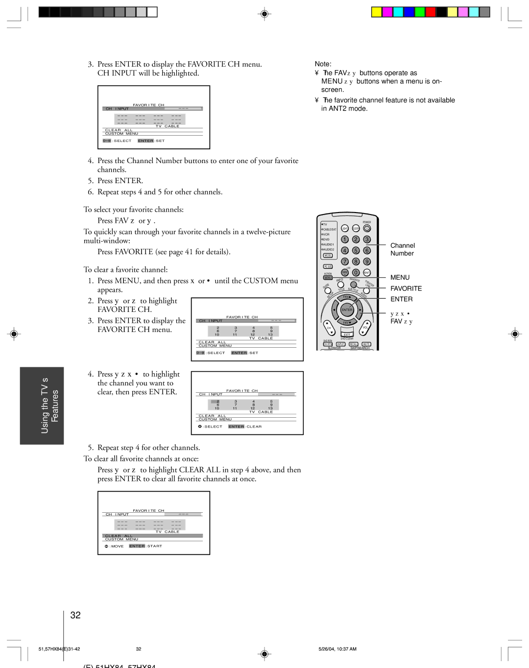 Toshiba 57HX84, 51HX84 owner manual Press Enter to display, Favorite CH menu 