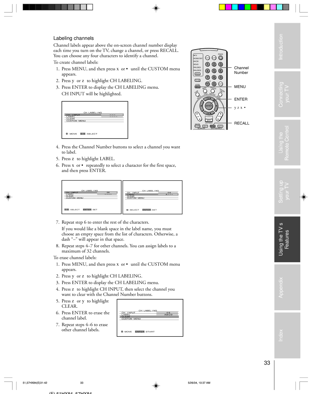 Toshiba 51HX84, 57HX84 Labeling channels, Press z or y to highlight, Clear, Press Enter to erase the channel label 