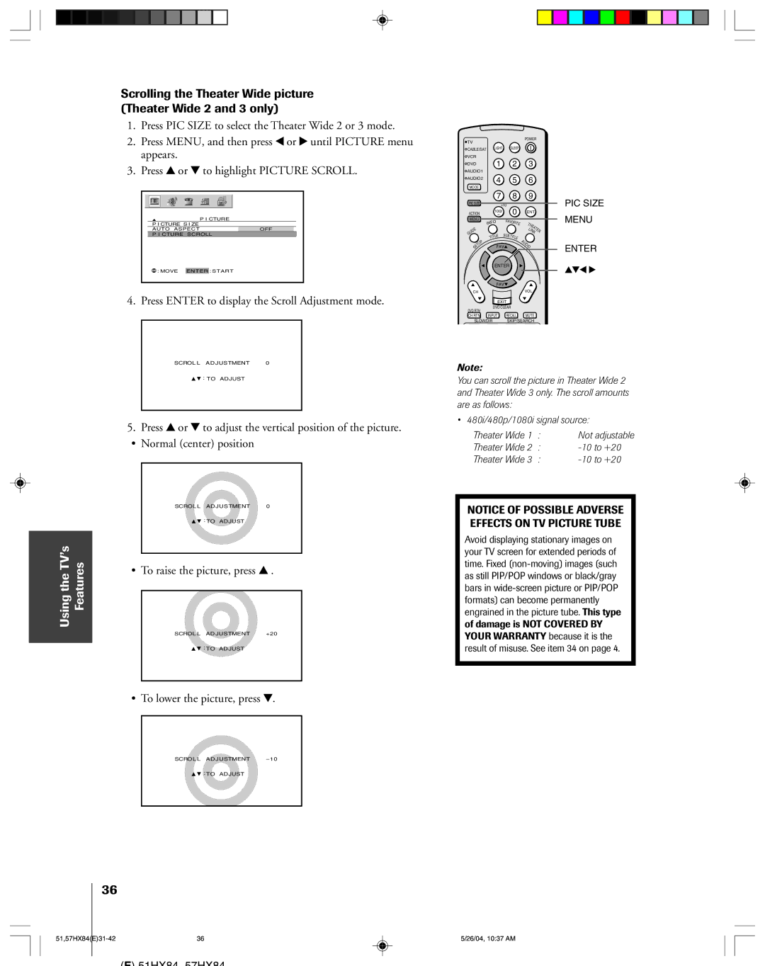 Toshiba 57HX84, 51HX84 owner manual Press Enter to display the Scroll Adjustment mode, ¥ To raise the picture, press y 