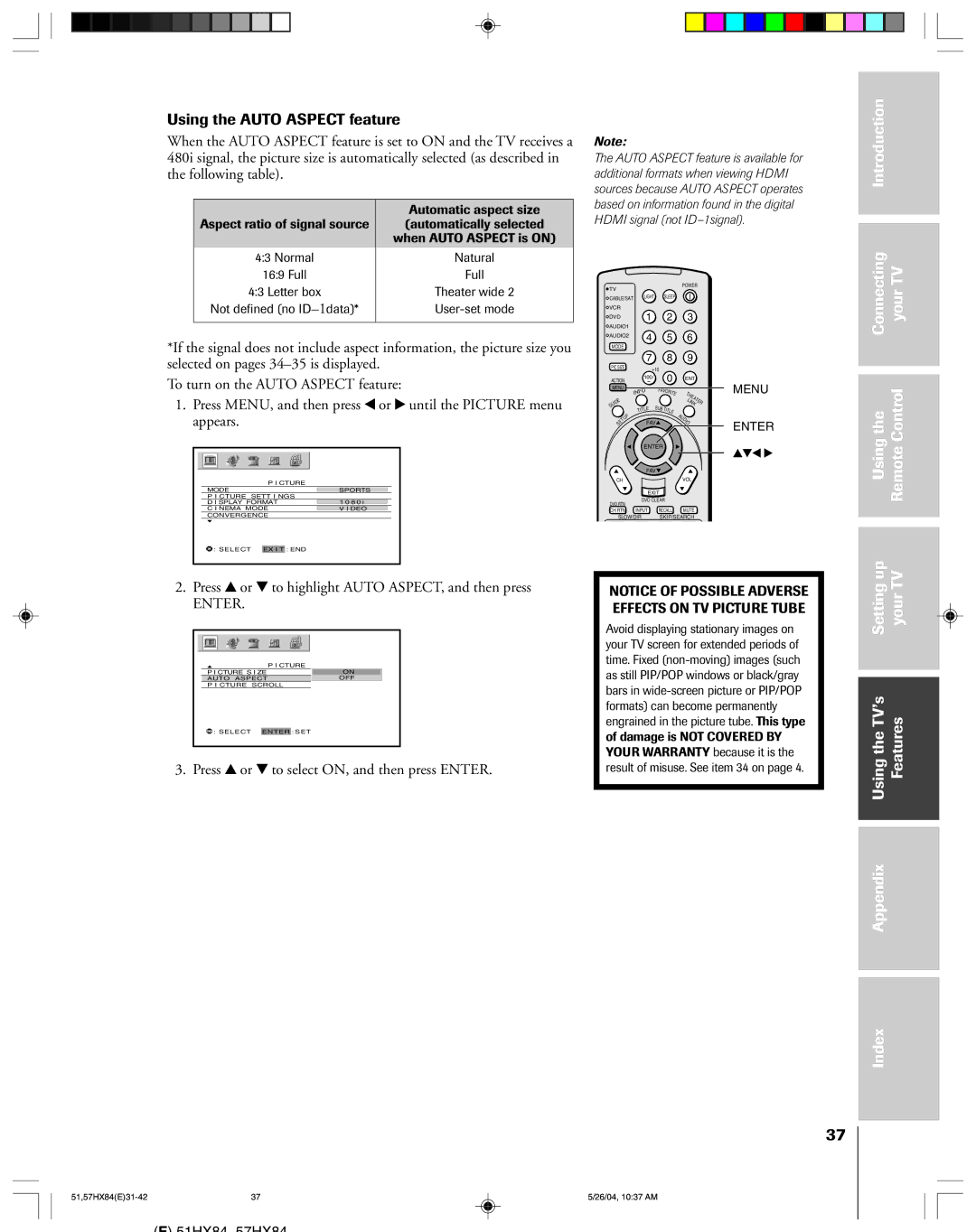 Toshiba 51HX84, 57HX84 Using the Auto Aspect feature, Introduction Connecting YourTV Usingthe RemoteControl, Enter 