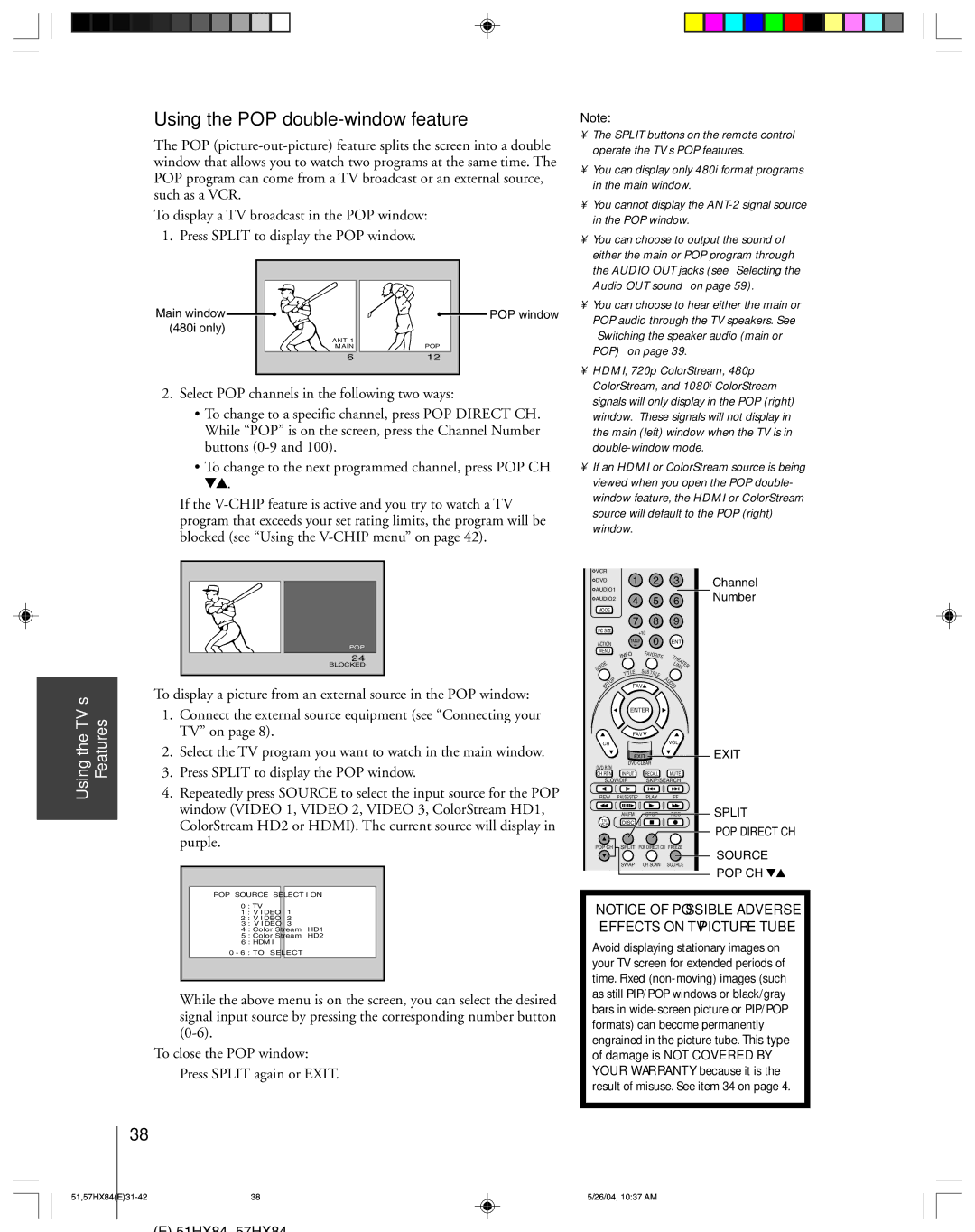 Toshiba 57HX84, 51HX84 owner manual Using the POP double-window feature, To close the POP window Press Split again or Exit 