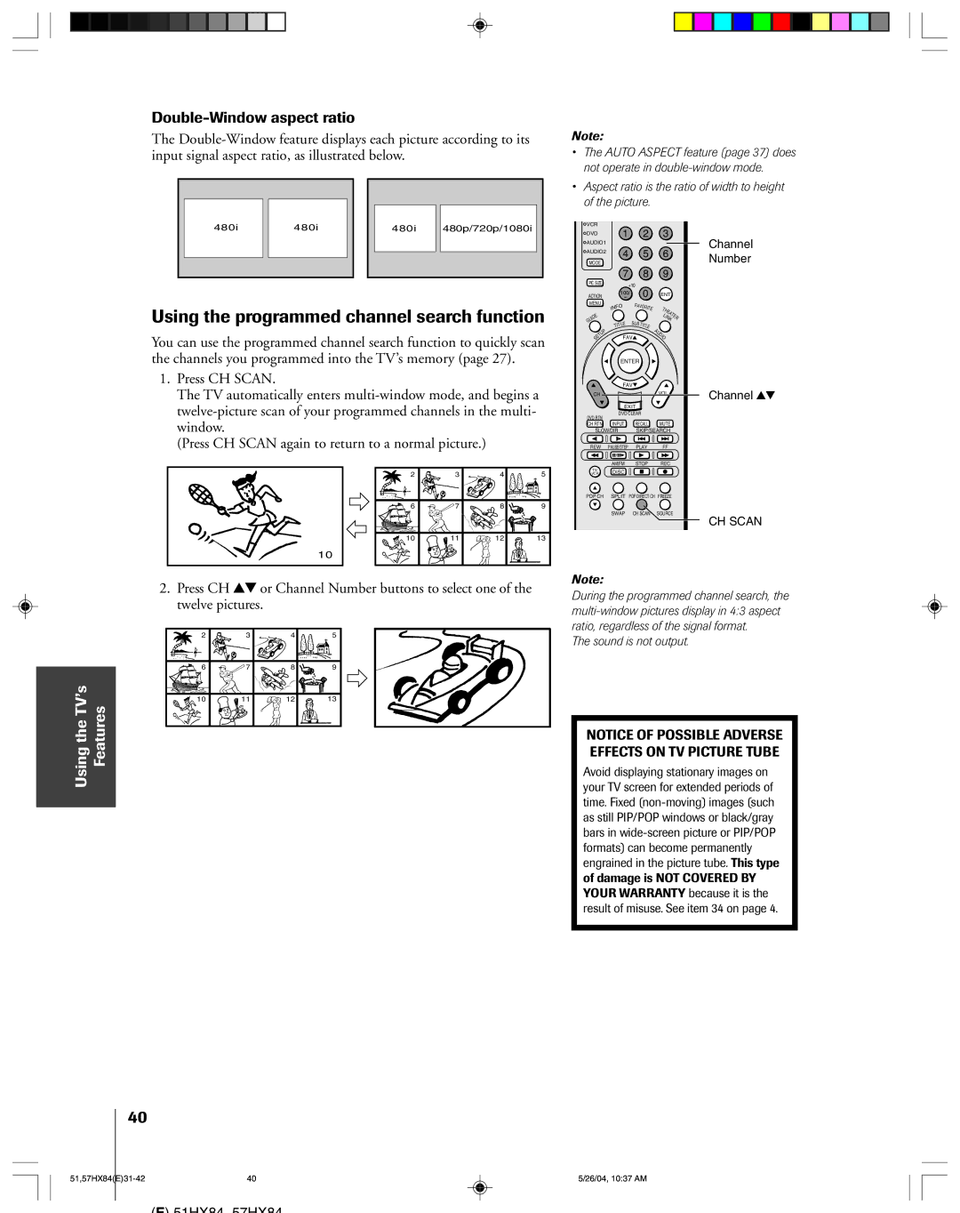 Toshiba 57HX84, 51HX84 owner manual Using the programmed channel search function, Double-Window aspect ratio 