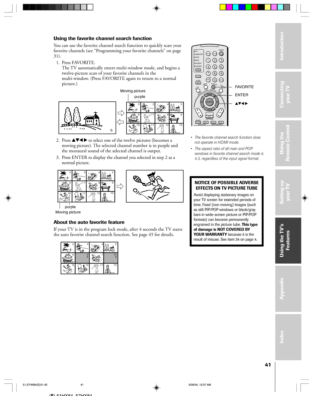 Toshiba 51HX84, 57HX84 owner manual Using the favorite channel search function, About the auto favorite feature 