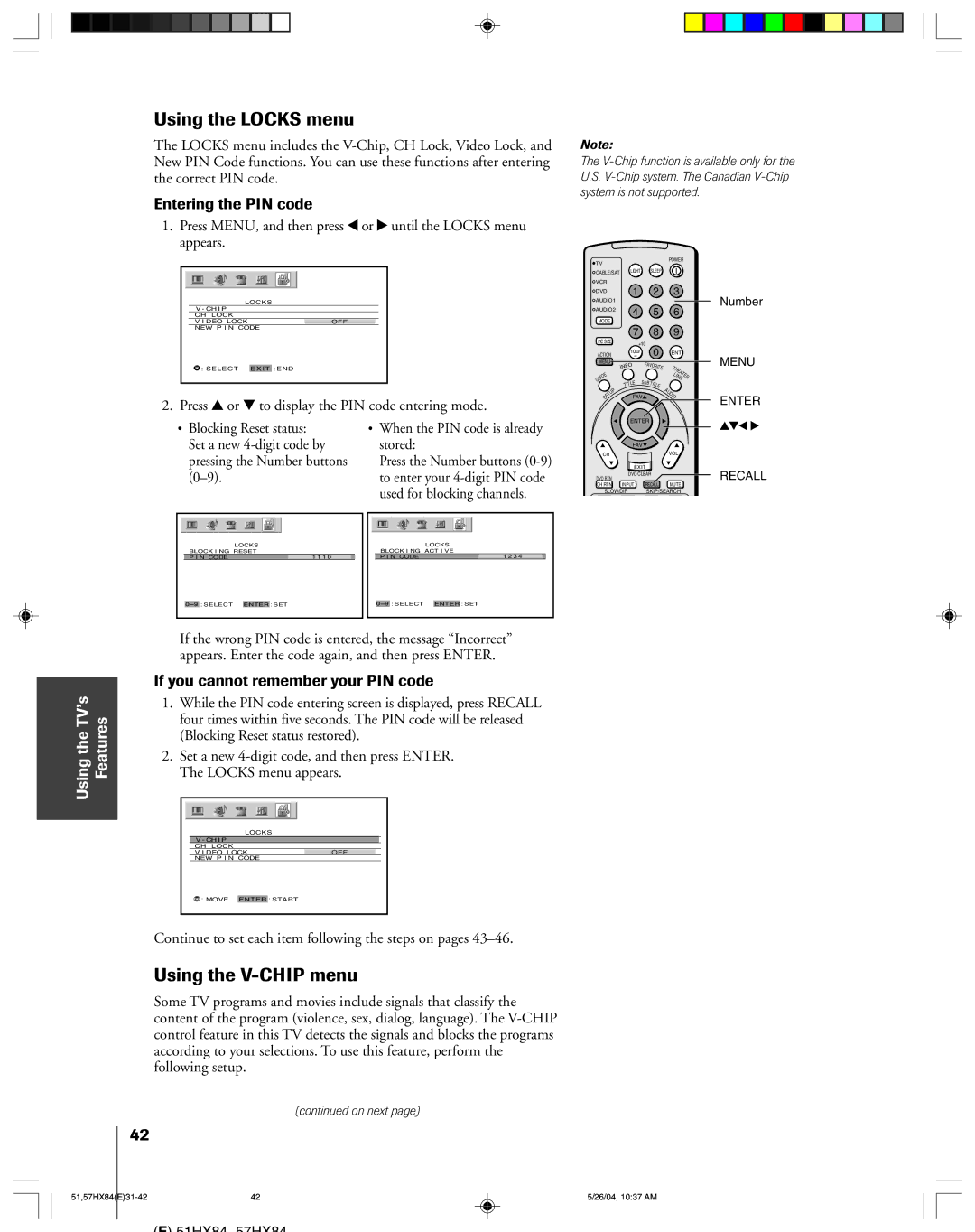 Toshiba 57HX84 Using the Locks menu, Using the V-CHIP menu, Entering the PIN code, If you cannot remember your PIN code 