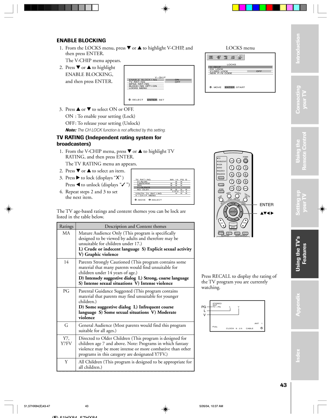 Toshiba 51HX84 TV Rating Independent rating system for broadcasters, Enable Blocking, OFF To release your setting Unlock 