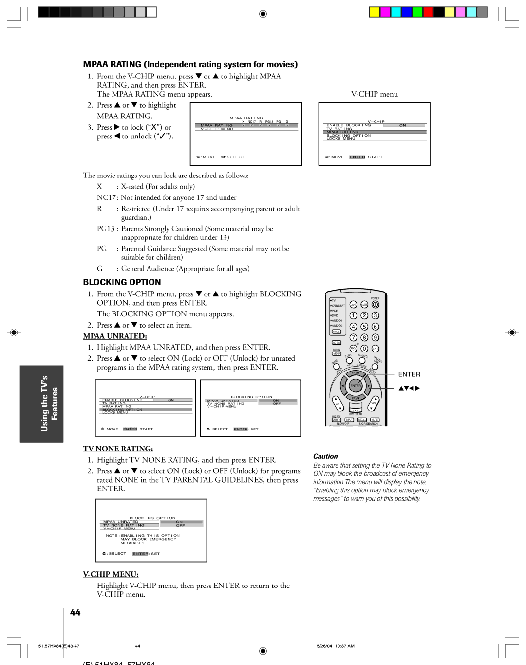 Toshiba 57HX84, 51HX84 owner manual Mpaa Rating Independent rating system for movies 