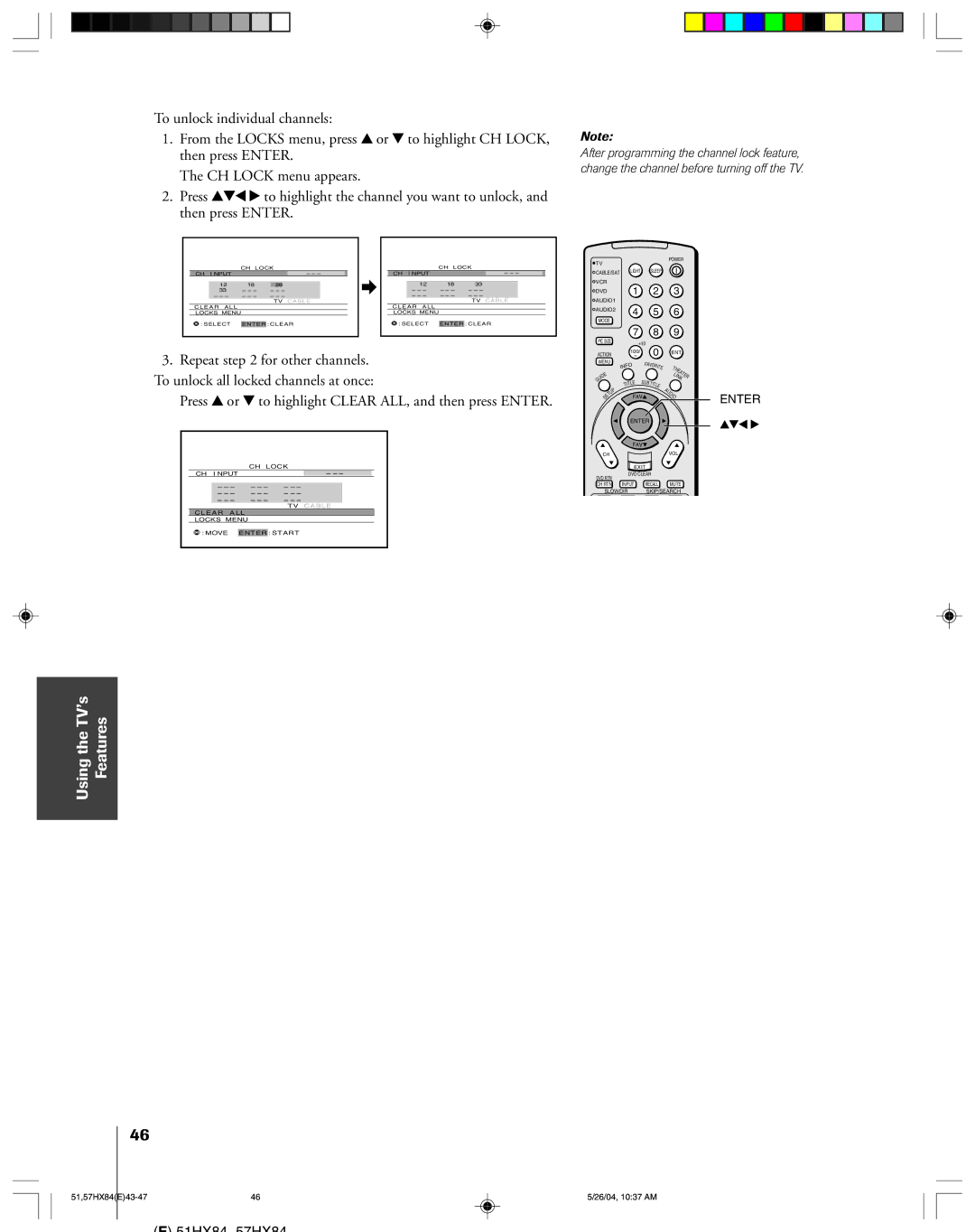 Toshiba 57HX84, 51HX84 owner manual Press y or z to highlight Clear ALL, and then press Enter 