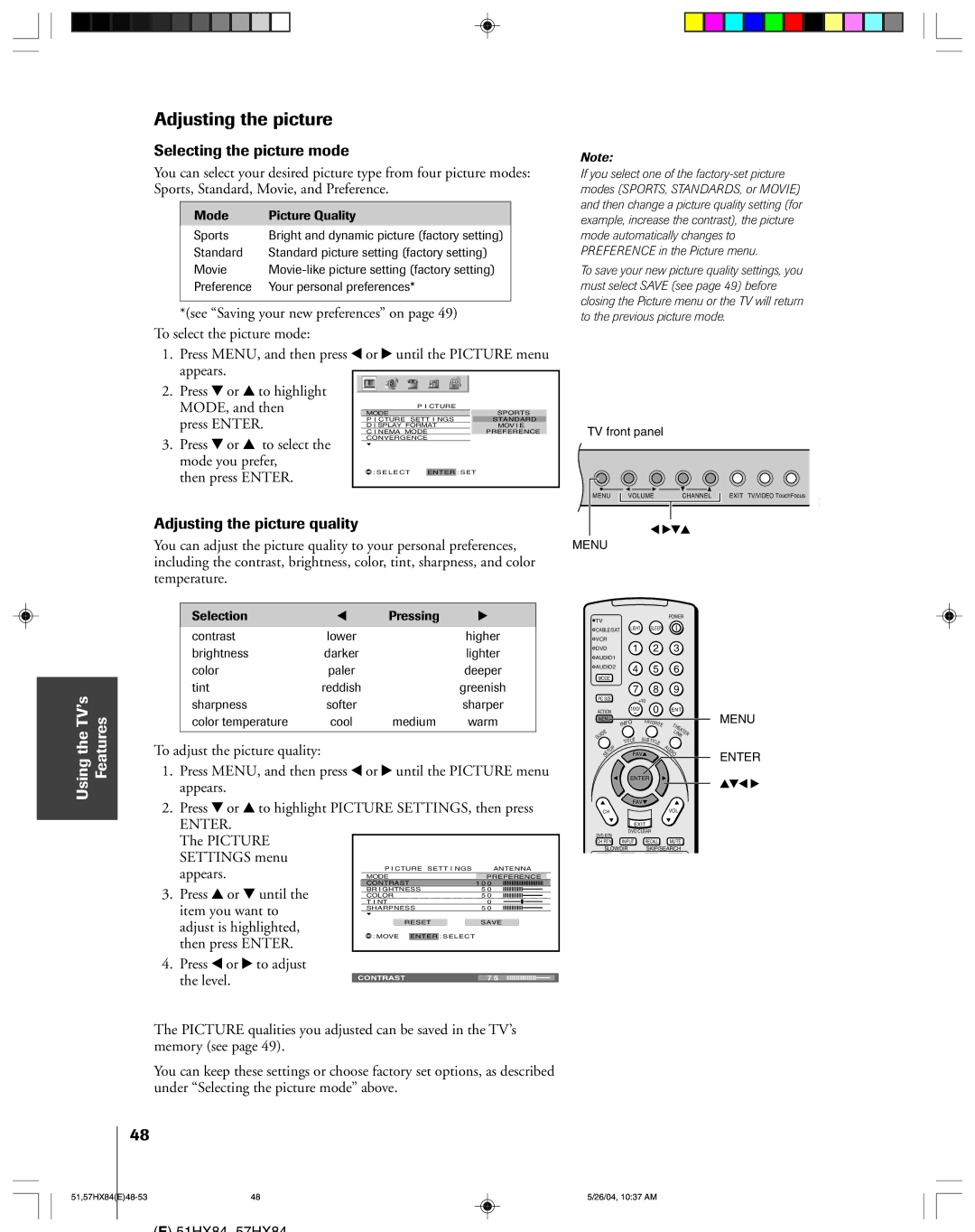 Toshiba 57HX84, 51HX84 owner manual Selecting the picture mode, Adjusting the picture quality 