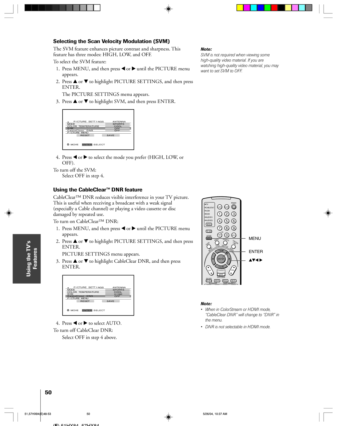 Toshiba 57HX84, 51HX84 owner manual Selecting the Scan Velocity Modulation SVM, Using the CableClearª DNR feature 