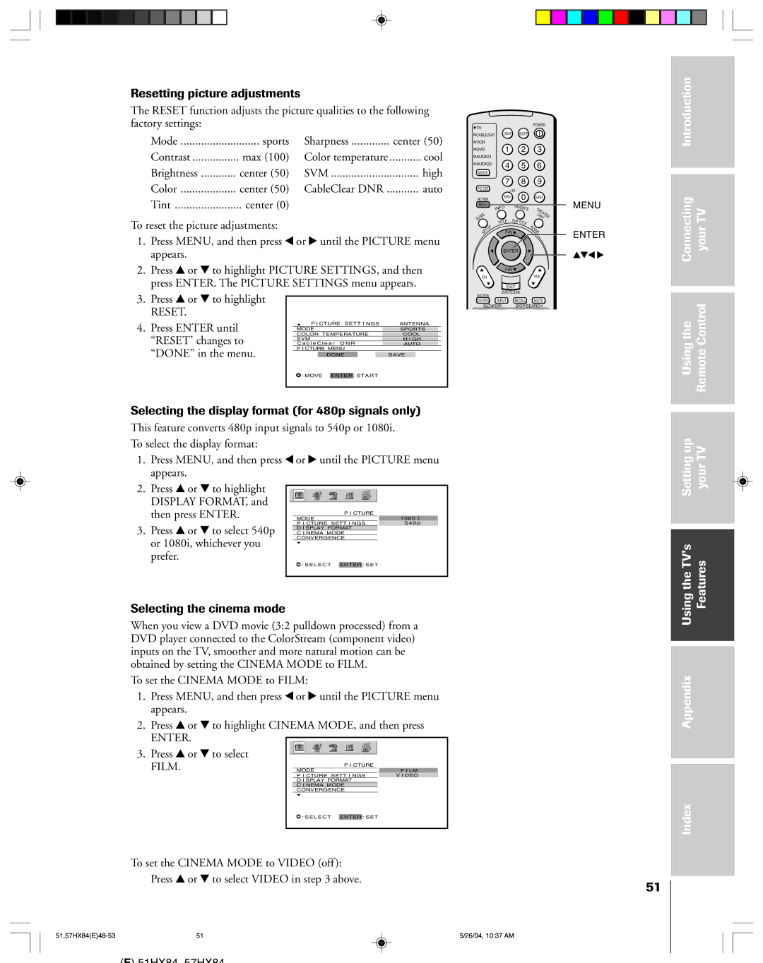 Toshiba 51HX84, 57HX84 owner manual Resetting picture adjustments, Selecting the display format for 480p signals only, Film 