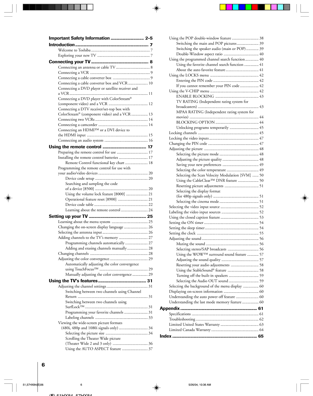 Toshiba 57HX84, 51HX84 owner manual Important Safety Information Introduction 