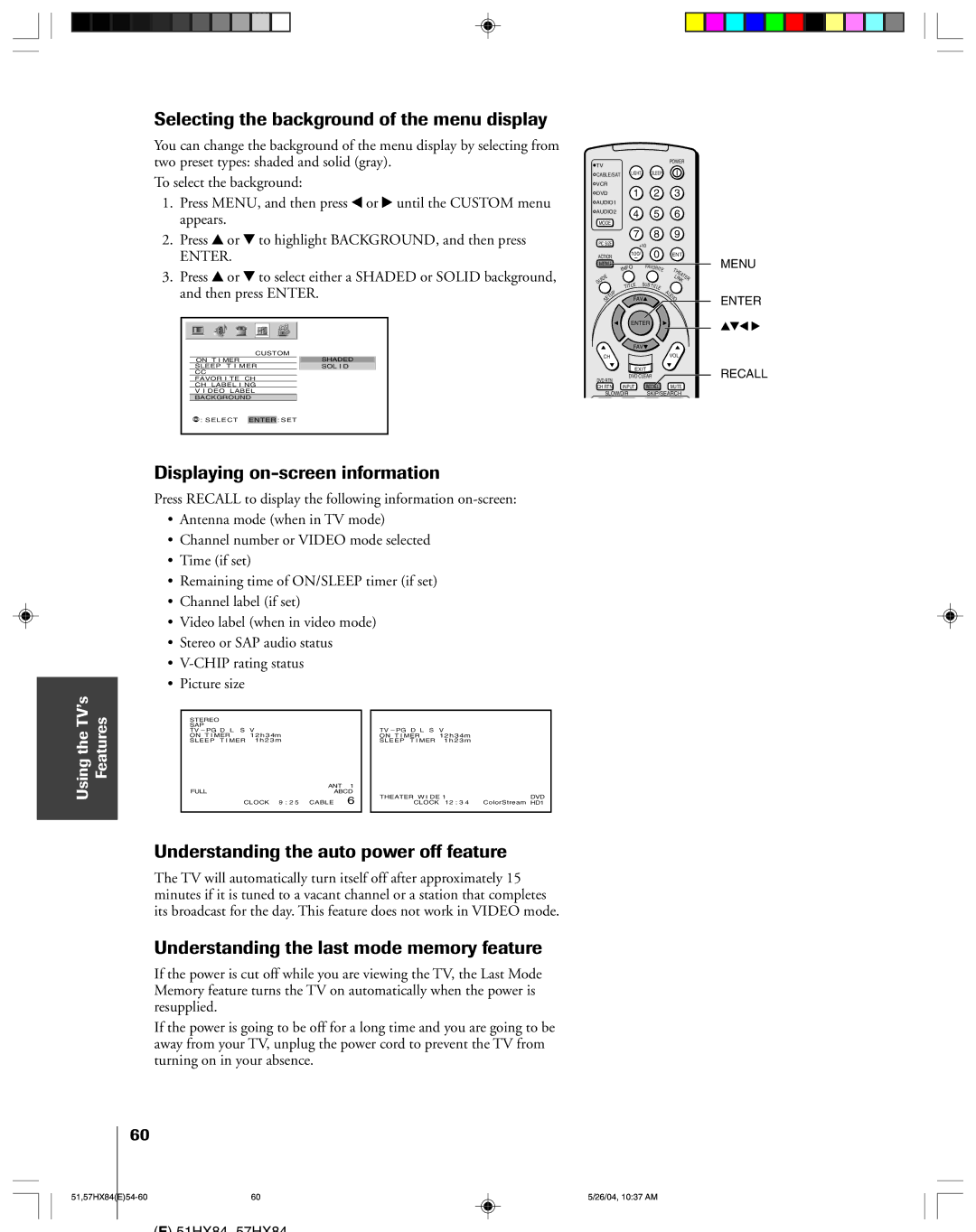 Toshiba 57HX84, 51HX84 owner manual Selecting the background of the menu display, Displaying on-screen information 