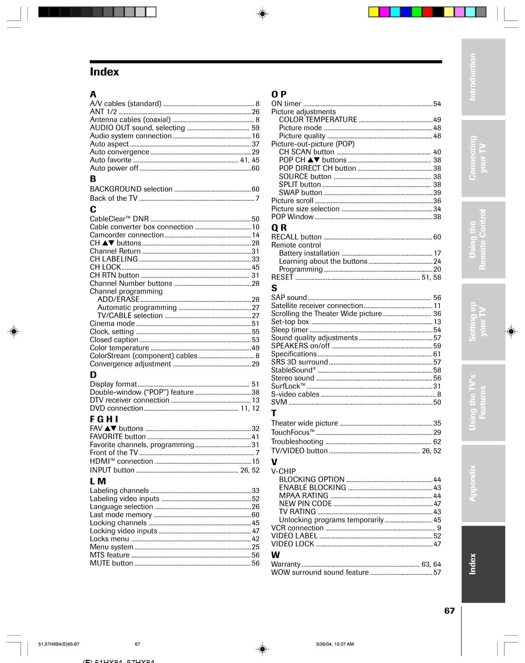 Toshiba 51HX84, 57HX84 owner manual Index 