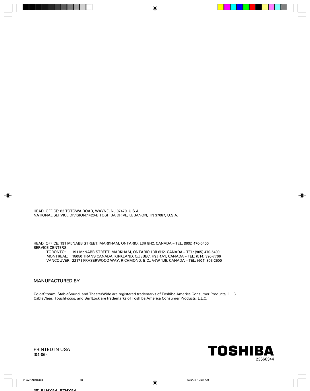 Toshiba 57HX84, 51HX84 owner manual Manufactured by 