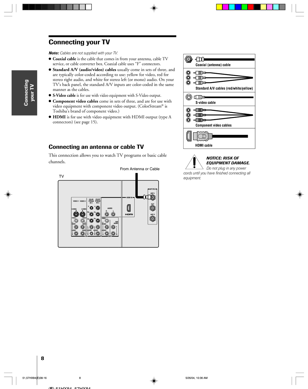 Toshiba 57HX84, 51HX84 owner manual Connecting an antenna or cable TV, Connecting your TV 