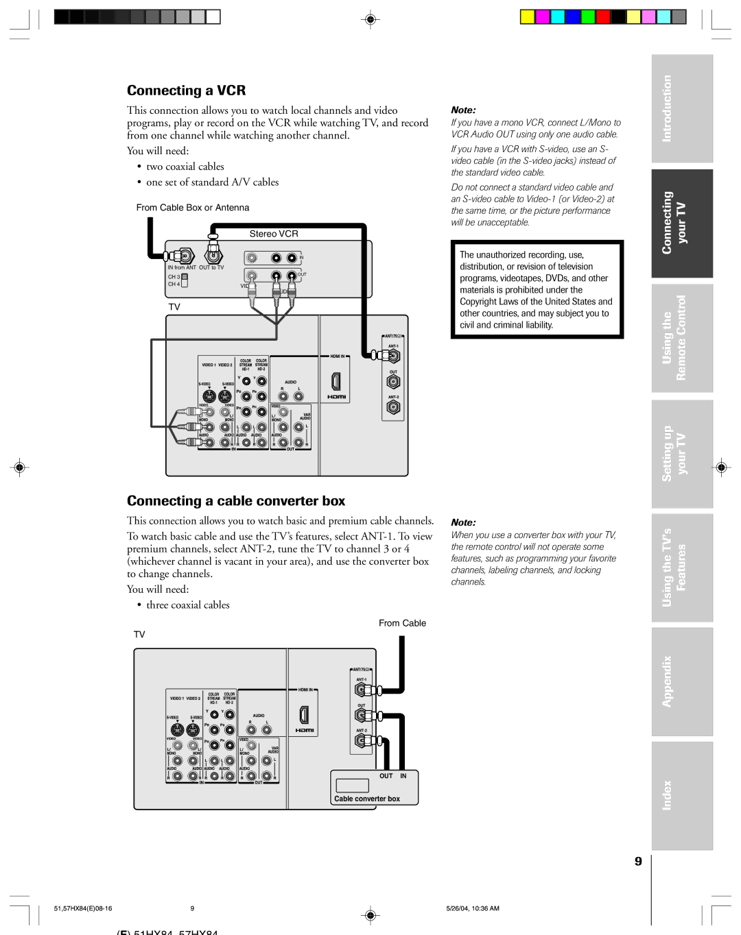 Toshiba 51HX84, 57HX84 owner manual Connecting a VCR, Connecting a cable converter box 